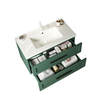 Meuble-lavabo 36 po avec lavabo, meuble-lavabo mural moderne flottant avec 2 tiroirs (sans armoire latérale), lavabo en céramique blanc sans robinet, vert
