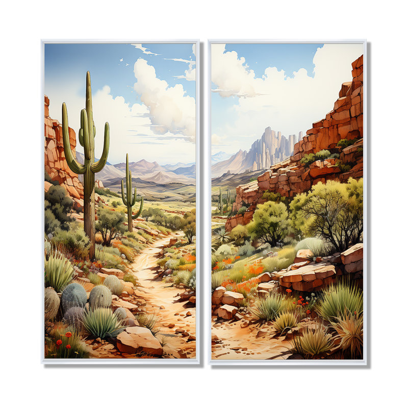 «Mexico Cactus Oasis Impasto II», art mural traditionnel corail, H 20 po x l 24 po, Blanc