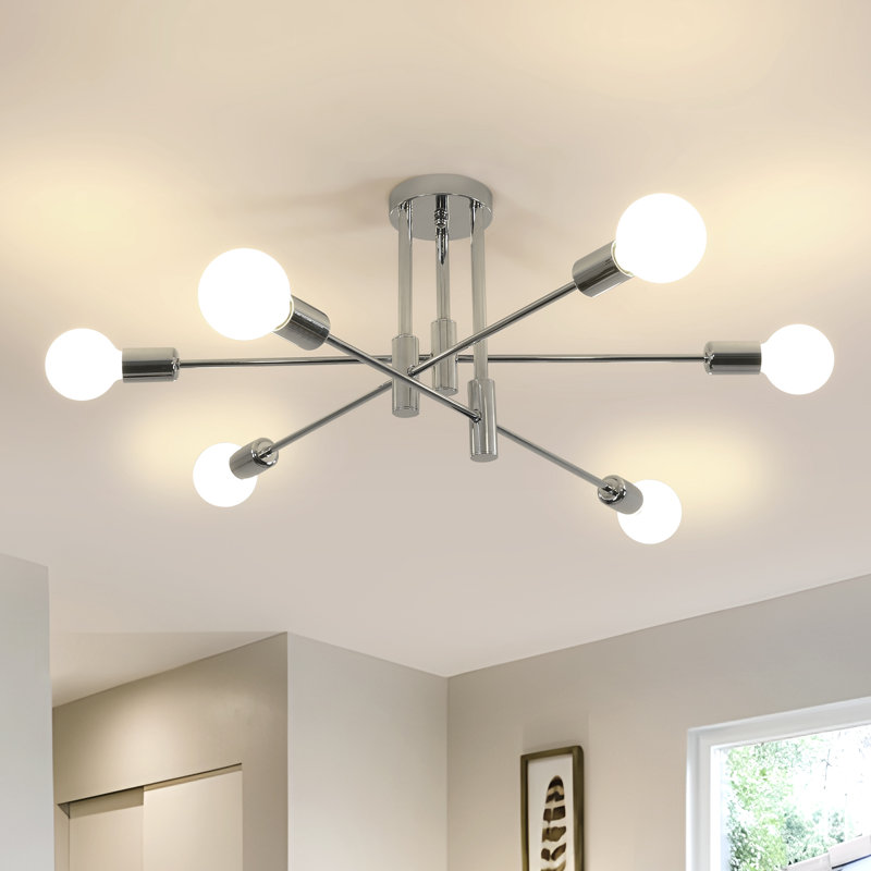 Modern 72cm 6-Light Sputnik Semi Flush Ceiling Light With Bulbs, Chrome
