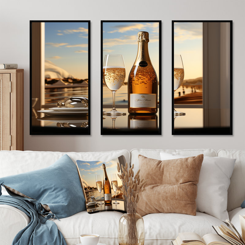 Bulles de rêves I - ensemble d'impressions murales vin et champagne, Cadre flottant noir, H 32 po x l 48 po