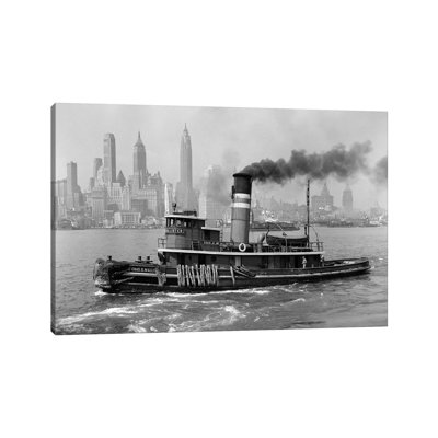1940s Steam Engine Tugboat on Hudson River with New York City Skyline in Smokey Background Outdoor 1 Piece Wrapped Canvas Wall Art
