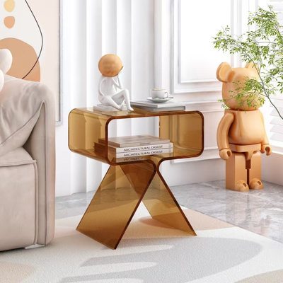 Table de chevet 17,7 po en acrylique orange, table d'appoint moderne de L 15,4 po, aucun assemblage requis, table de bout à 2 niveaux pour le salon de la chambre à coucher