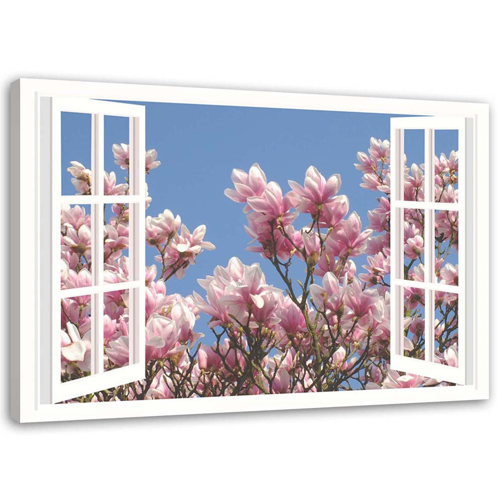 Leinwandbild Eine blühende Magnolie vor dem Fenster