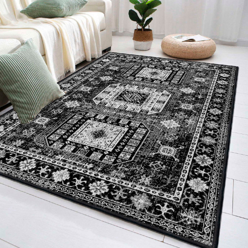 Premium Cotton Area Rug (50 x 80 cm | 1.6 x 2.6 ft), Antibacterial, Non-Slip PVC Underside | 100% Cotton, 1200 g/m², Pile Height: 0.4 inches, Machine Washable, Elegant White, Grey & Black Design for Modern Spaces