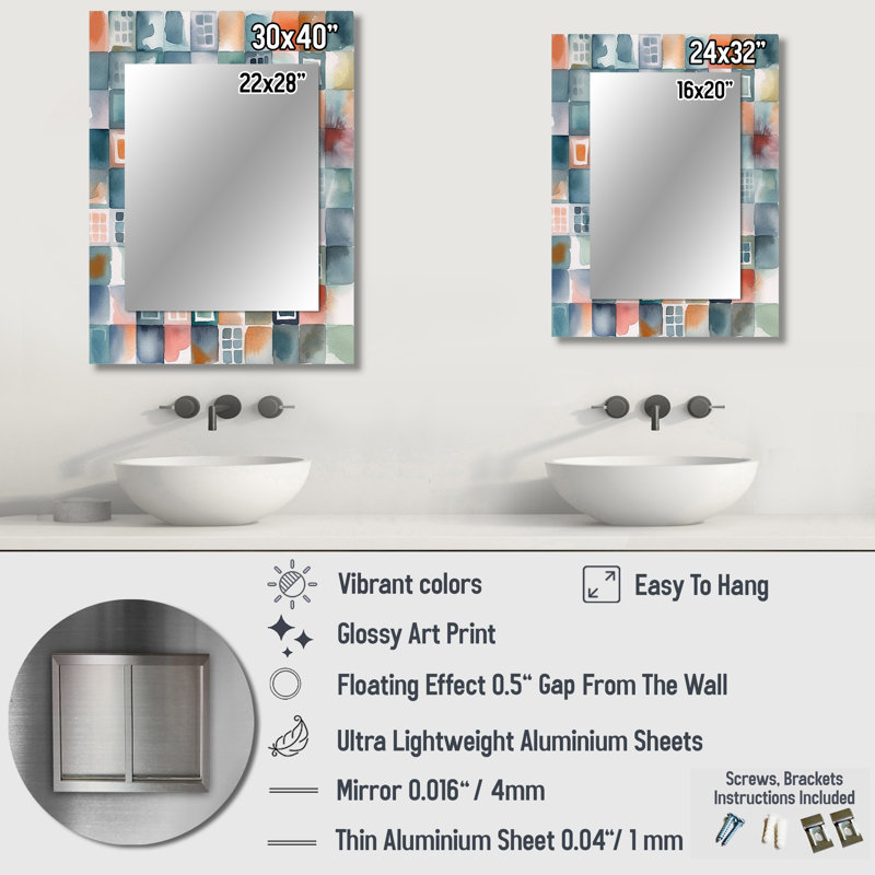 Blue Abstracted Mapping Of Forms II - Geometric Decorative Mirror, Modern Large Wall Mirror, Printed Metal Art, 32" x 24"