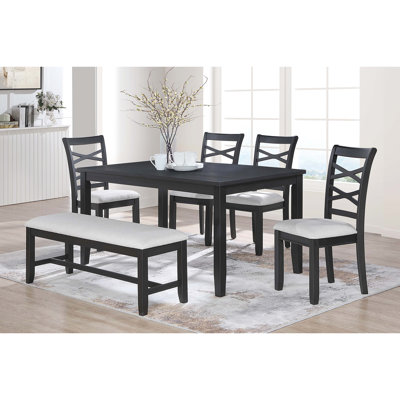 Casual 6pcs Dining With Charcoal Finish, 4 Chairs, Bench And Rectangular Table, Comfort For 6 - Piece Furniture Room, Featuring Cushioned Chairs Cross Back Design