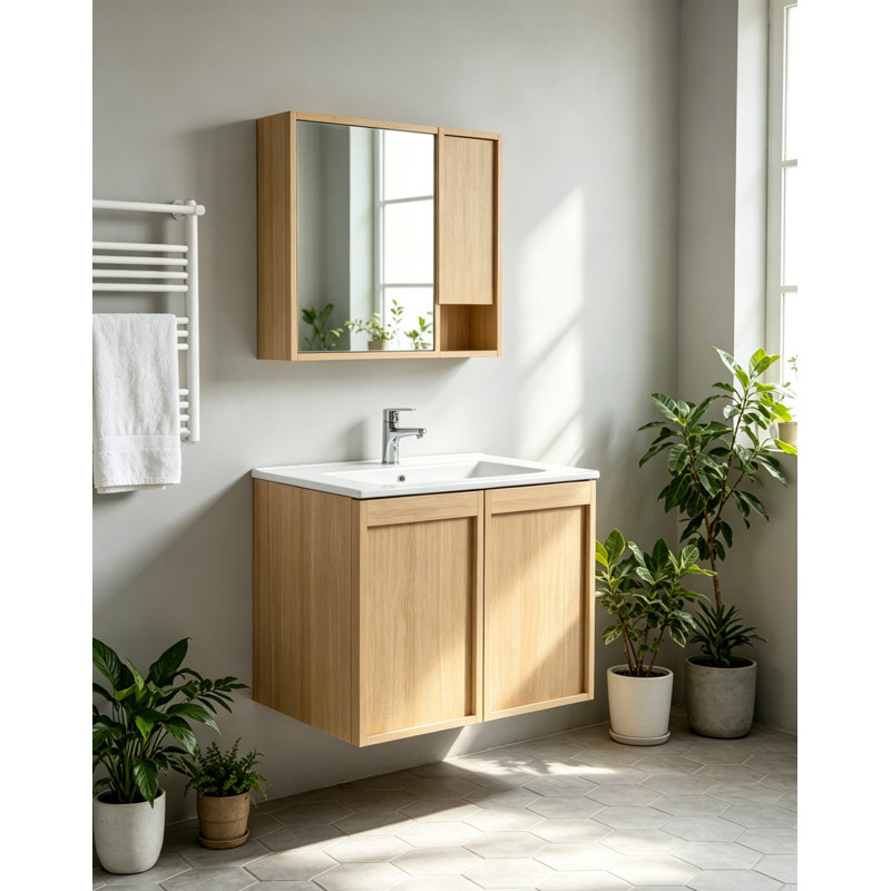 Meuble-lavabo flottant 24 po avec lavabo, armoire murale moderne en chêne clair, cuve en céramique à bord mince, portes à fermeture en douceur, rangement peu encombrant, installation facile