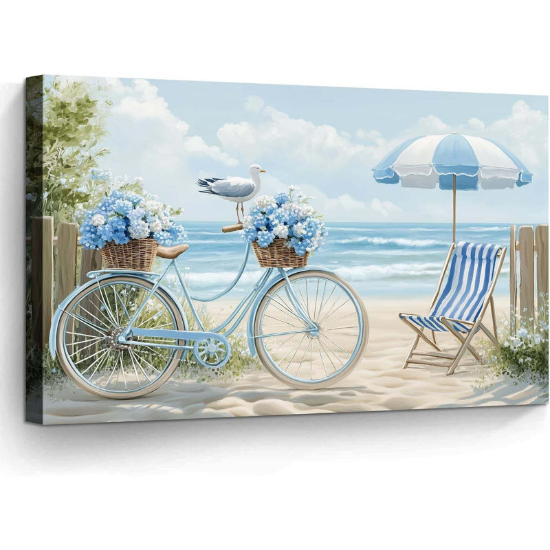 Beach Bicycle Canvas Wall Art Ocean Seagull Hydrangea Decor