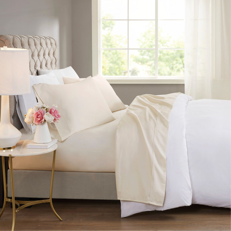 Ensemble de draps 4 pièces en mélange de coton rafraîchissant, Courtepointe pour grand lit + 3 pièces supplémen, Ivory