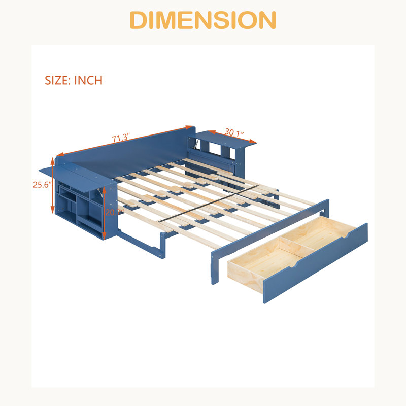 Lit de jour avec bureau amovible, tiroirs de rangement et table d'appoint hydraulique, Bleu, Grand lit