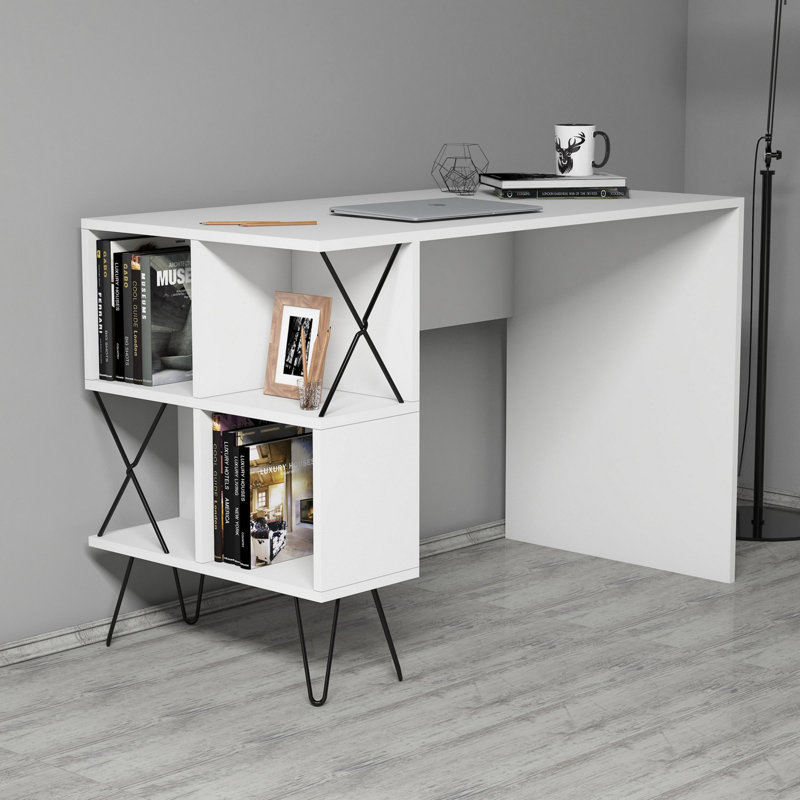 Bureau d'étude moderne avec de nombreuses tablettes, blanc et noir, 47,2 po x 30,9 po x 23,6 po | 100% panneau de particules enduit de mélamine, épaisseur: 0,7 pouce | Conception murale pour un bureau à domicile élégant et peu encombrant