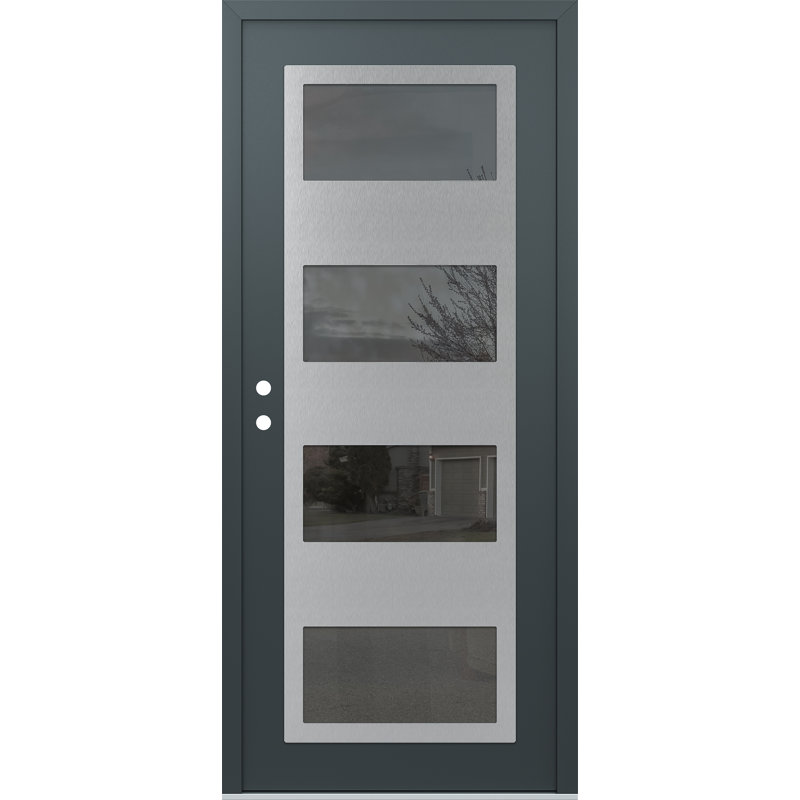 Porte d'entrée pré-suspendue à panneau en acier argenté anthracite / anthracite, Oui, Miroitant