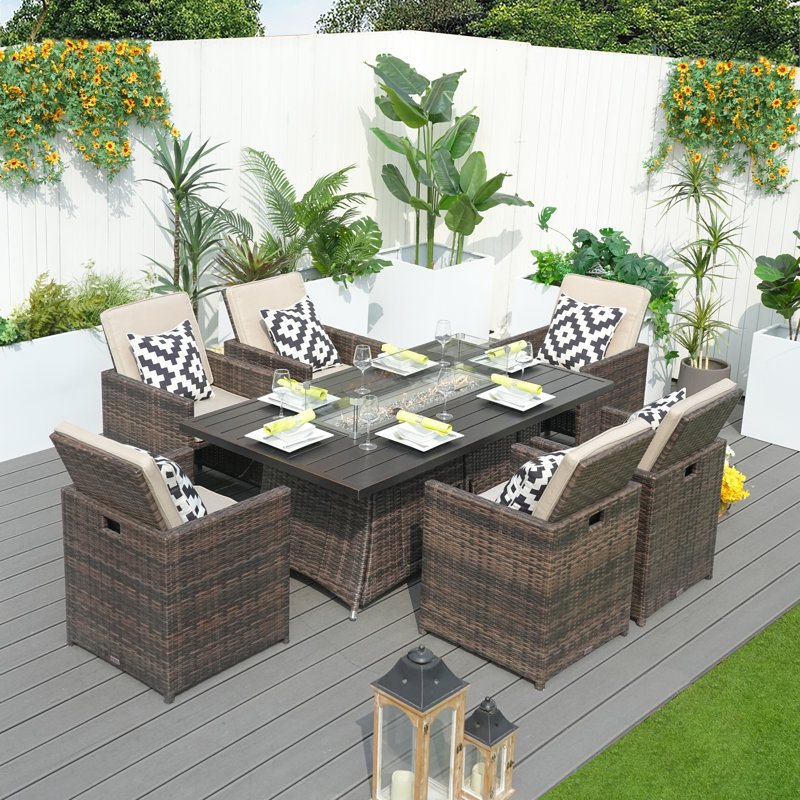 6 - Person Wicker Patio Dining Set with Rectangular Table , Cushions Included
