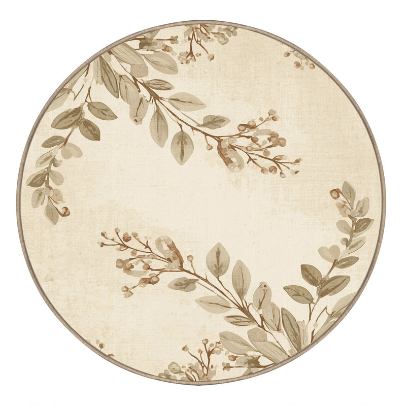 Machine Washable Orlandra Mistletoe French Country Vintage Look Rug in Beige – Beige Binding, 8' Round