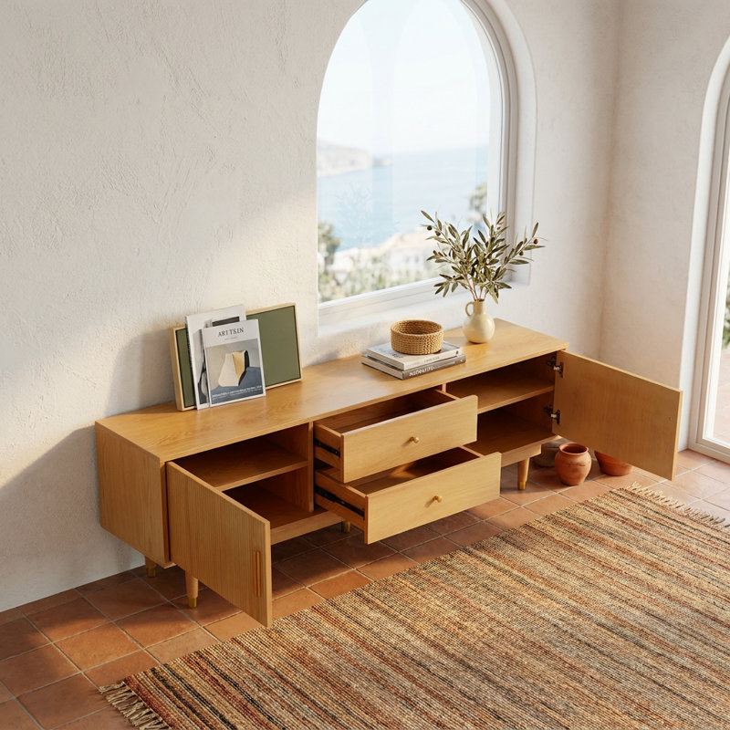 Meuble télé moderne du milieu du siècle avec tiroirs de rangement, meuble multimédia pour salon ou chambre, couleur naturelle, 170 cm (66,9 pouces).