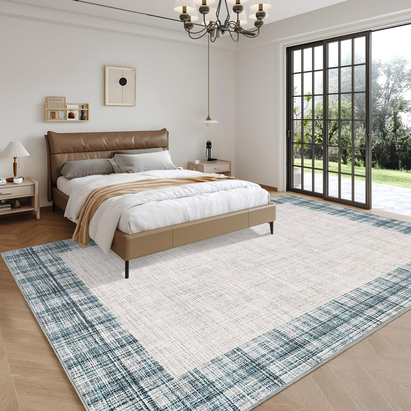 Modern Bordered Plaid Rugs Soft Thin Washable Hallway with Non-Slip TPR Rubber Backing, Foldable Low Pile Non Shedding Rugs