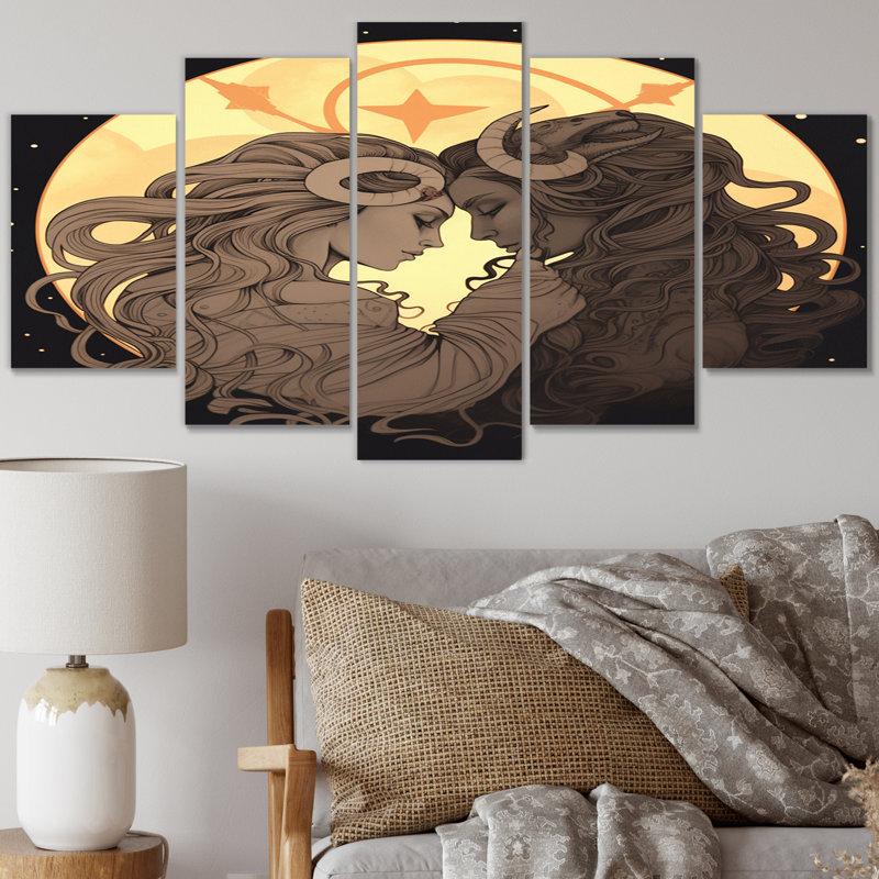 Couple féminin célébrant l'amour divin III - art mural sur toile - 5 panneaux