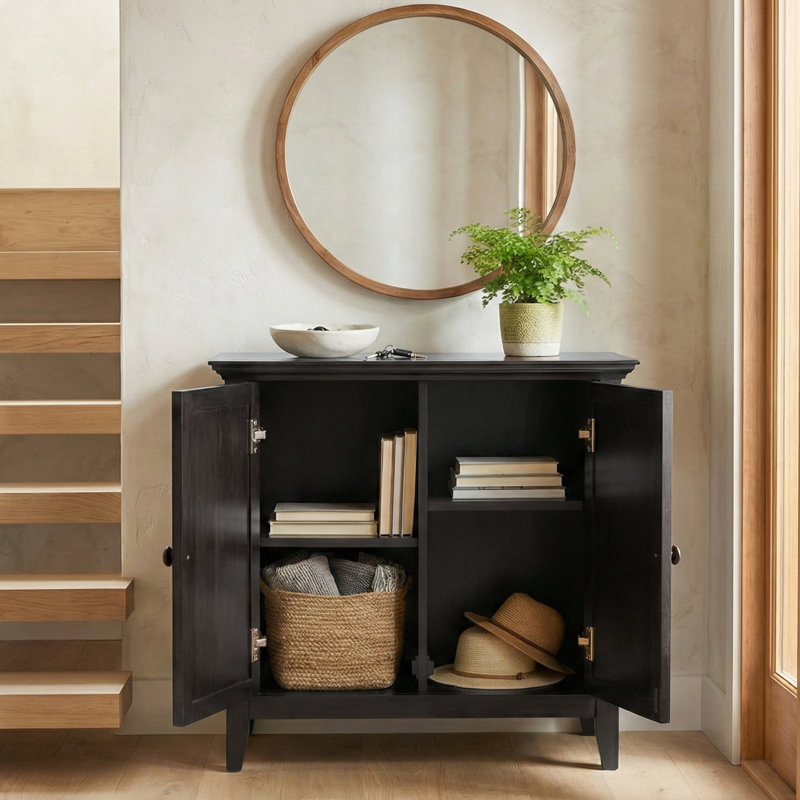 Manervia 32"W Solid Wood Low Storage Cabinet With Adjustable Shelves, Dark Brown Stain