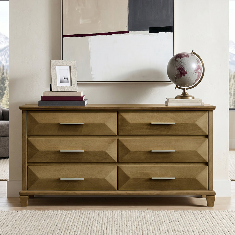 Weslyn 56" W Transitional Modern Solid Wood  6-Drawer Double Dresser, Antique Oak