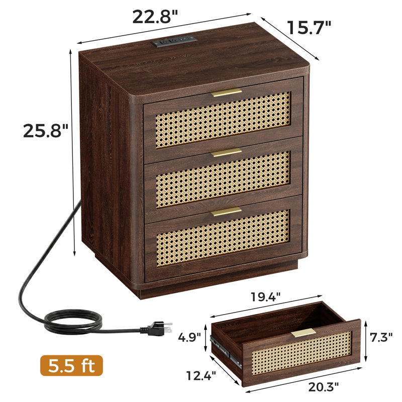 22.83'' W Nightstand With 3 Drawers And Charging Station ( Set Of 2 ), Brown