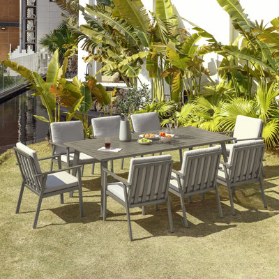 Ensemble de salle à manger 9 pièces pour l'extérieur, ensemble de mobilier de patio en aluminium avec trou pour parasol, ensemble de salle à manger d'extérieur toutes saisons pour 8 personnes, ensemble de table et chaises de patio pour les terrasses,