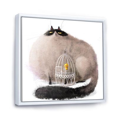 " Cartoon Cat With Little Bird In A Cage "