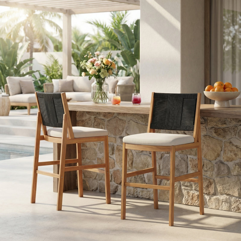 Tabourets de bar d'extérieur en bois d'acacia, ensemble de 2, avec coussin et dossier en osier pour patio et cuisine