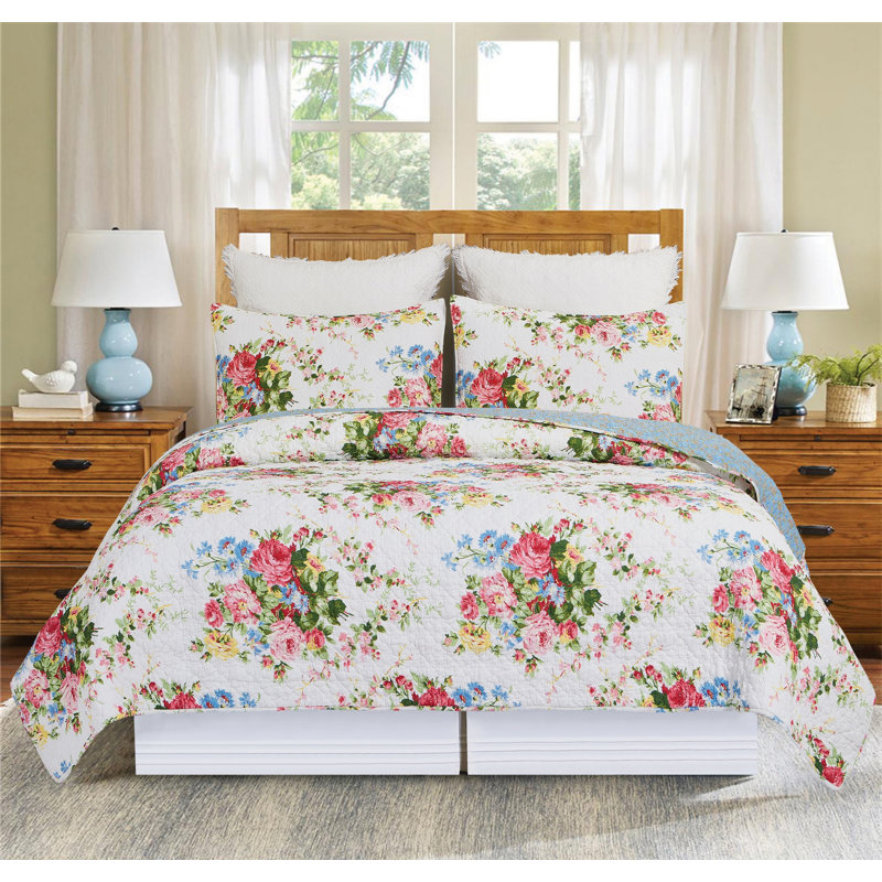 Ensemble de courtepointe réversible en coton Cottage Rose, Courtepointe simple + 1 taie décorative standard
