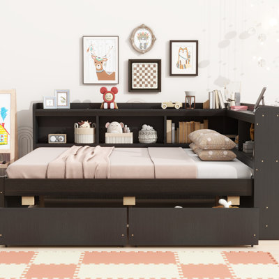 L-Shaped Bookcases Full Size Bed With Charging & 2 Storage Drawers, Two Drawer Compartments