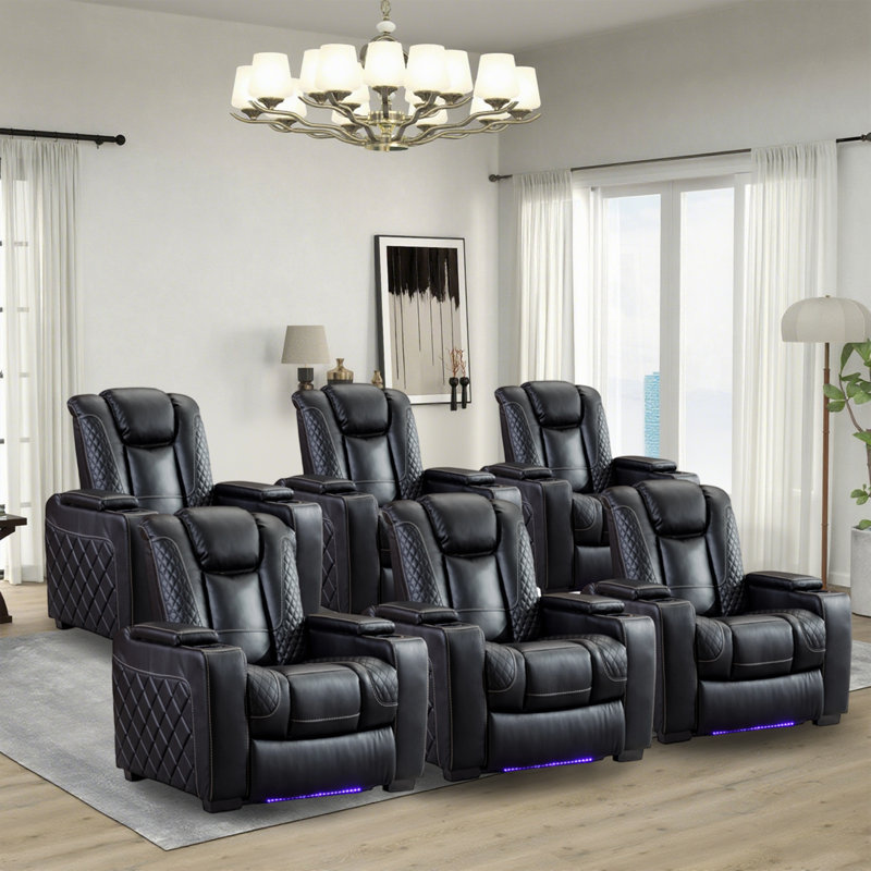  36.22" W Luxurious Faux Leather Power Recliner Home Theater Seating with Adjustable Headrest & Cup Holders & Ambient Light Strap
