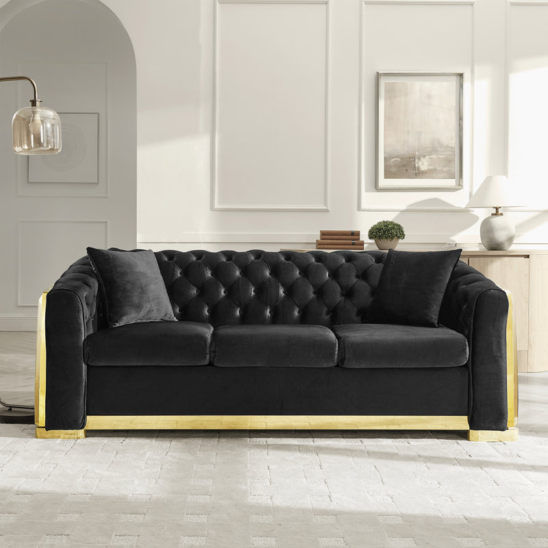 Canapé de luxe 84 po en velours capitonné avec décoration en acier inoxydable doré, Noir
