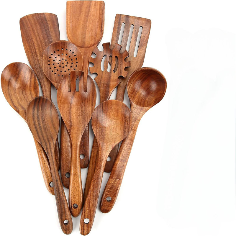 Ensemble d'ustensiles en bois de teck 10 pièces pour batterie de cuisine antiadhésive - Cuillère de cuisine Spatule Turner