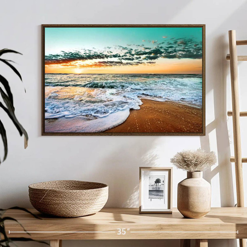 Plage rétro de Cancun, 25 po x 17 po, Cadre flottant noyer
