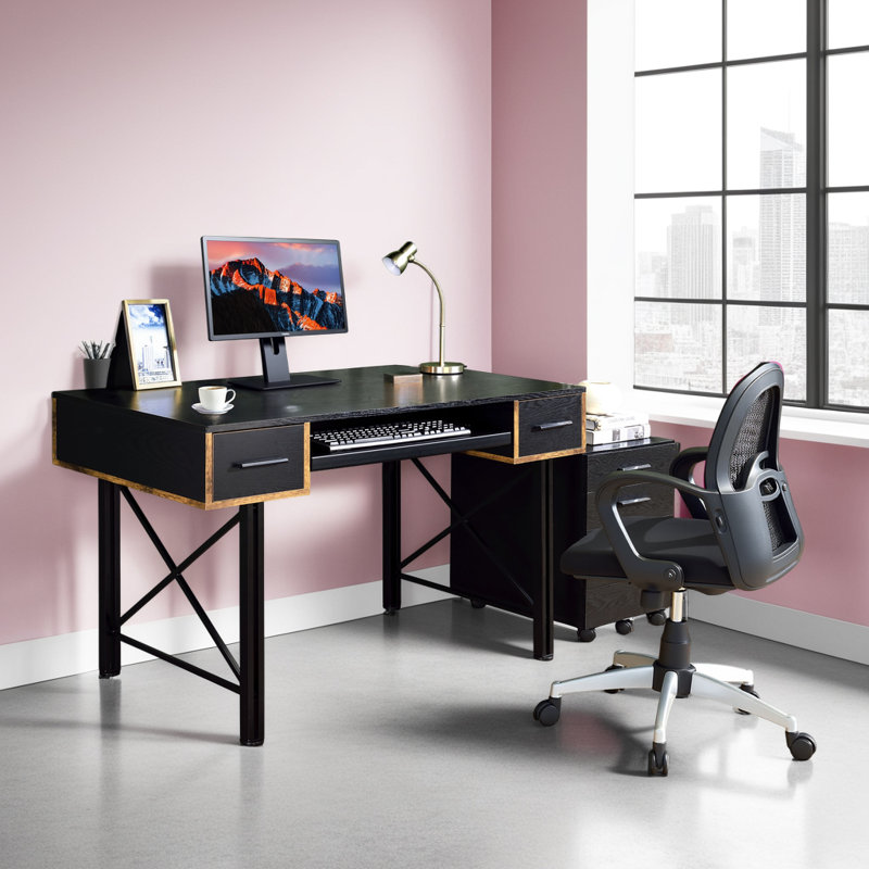 Modern Computer Desk with Distressed Casegood & Black Metal Frame, Double Pedestal Base & X-Shaped Support for Home Office
