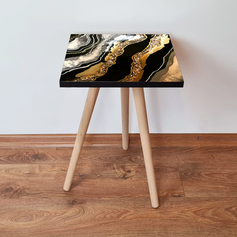 Élégante table d'appoint, design en marbre noir et or, 13,8 po x 16,5 po x 13,8 po | 100% panneau de fibres à densité moyenne avec pieds en bois de hêtre, épaisseur: 0,7 pouce | Parfait pour les salons et les chambres à coucher modernes, pièce décorative élégante et abstraite