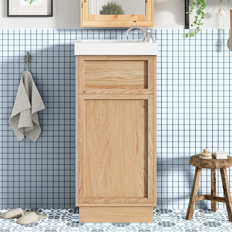 Meuble-lavabo moderne 15,75 po à pousser | Lavabo en résine, tablette réglable et finition grain de bois (petits espaces)