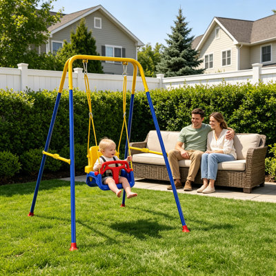 Balançoire pour tout-petits avec support métallique pliable, idéale pour l'intérieur et l'extérieur, à utiliser dans le jardin dès 6 mois. Couleurs : jaune et bleu.