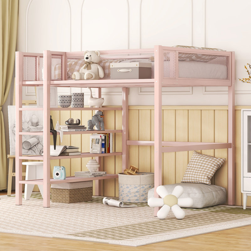 Addileigh Twin Loft Bed with Shelves, Pink