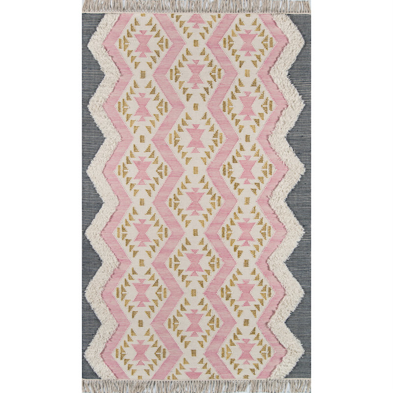 Handmade Pink Geometric Wool Area Rug with Fringe