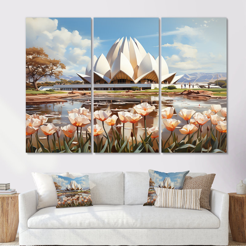Art indien, Temple du Lotus - Art mural indien, Toile tendue, H 40 po x l 61 po x P 1 po