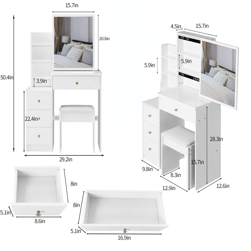 29.2" Small Space Left Bedside Cabinet Vanity Table + Cushioned Stool, Extra Large Right Sliding Mirror, Multi Layer High Capacity Storage, Practical Fashionable Dresser