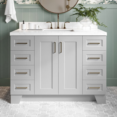 Freitas 48'' Solid Wood Single Bathroom Vanity in Grey with 1.5'' Carrara White Quartz Top, Center, Rectangle Sink