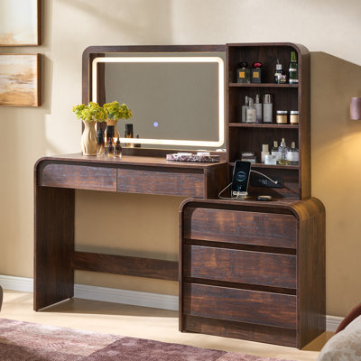 Maud Modern Makeup Vanity Desk with LED Lighted Mirror & Power Outlet & 5 Drawers, Makeup Table with Adjustable Shelves and Charging Station