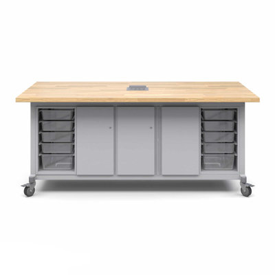 Explorer Maker Table With 2 Bin Modules with Bins, 1 Single and 1 Double Storage Module With Locking Doors and Power