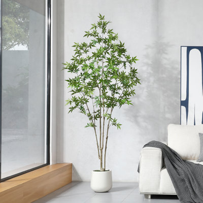 Adcock Artificial Maple Tree with Round White Planter, Pre Potted Faux Maple Tree for Home Decor