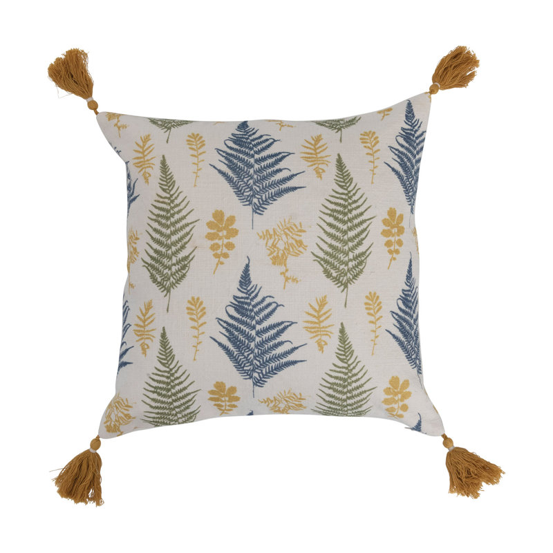 Botanical Print Cotton Square Pillow with Tassels