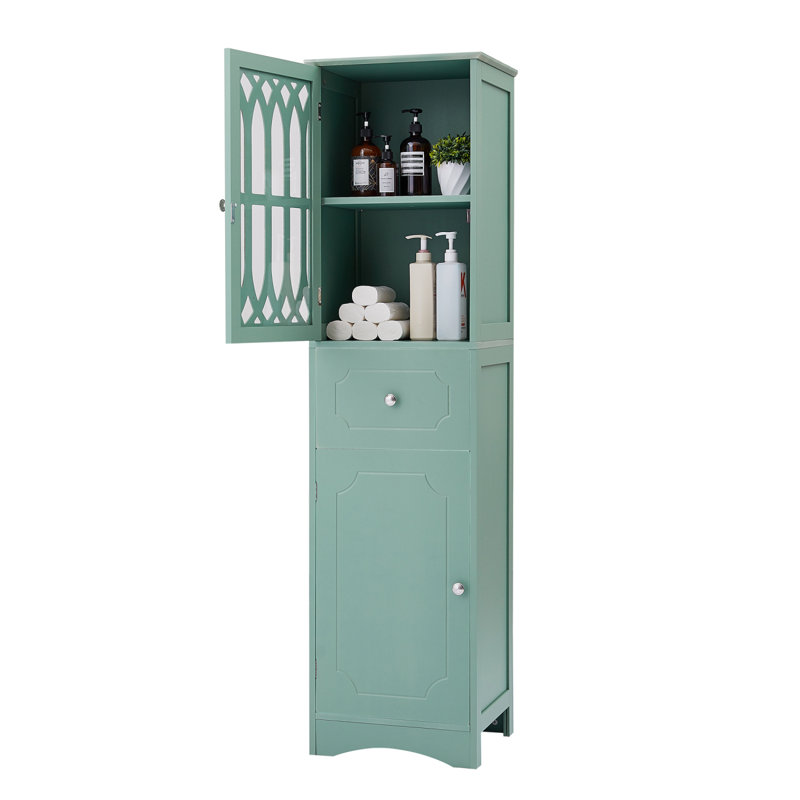Grande armoire de salle de bain, armoire de rangement autoportante avec tiroir et portes, panneau de fibres à densité moyenne, porte en acrylique, tablette réglable