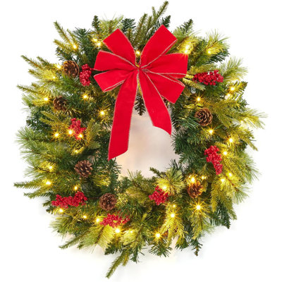 Couronne de Noël pré-éclairée 24 "avec 50 lumières DEL, arc rouge et pommes de pin, décoration extérieure