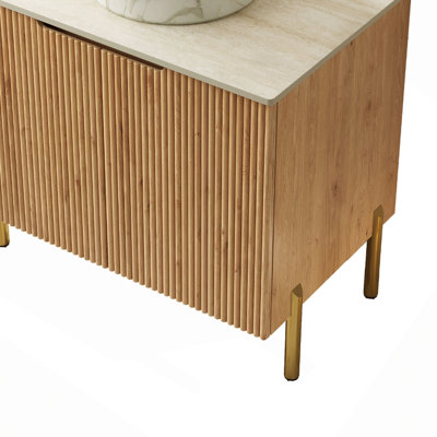 30" Freestanding Roma Travertine-Pattern Sintered Stone Counter Top And Natural Woodgrain Plywood Cabinet With Two Doors, NO Basin, NO Faucet And Sink Cover