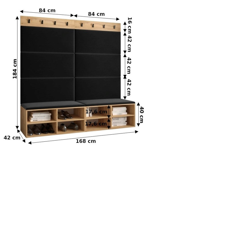 Jakab Hall Tree 168cm Wide with Bench and Shoe Storage, Oak/Beige